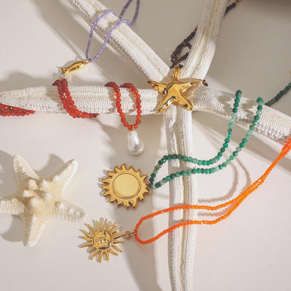 18K Gold Summer Color Beaded Chain Pendant Statement Necklace
