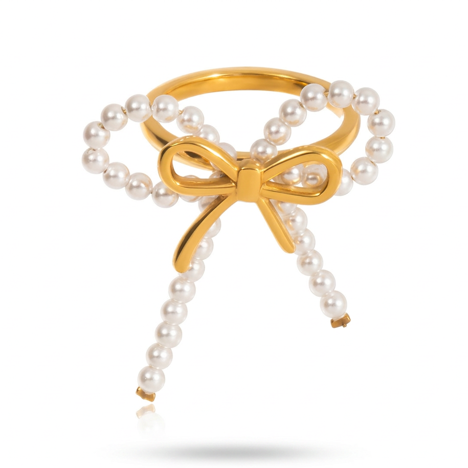 18K Gold Coquette Bow Pearl Chain Layered Necklace & Stud Earrings & Bracelet & Ring Set