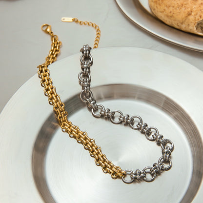 18K Gold and Silver Two Tone Circle Chunky Chain Layered Necklace Set