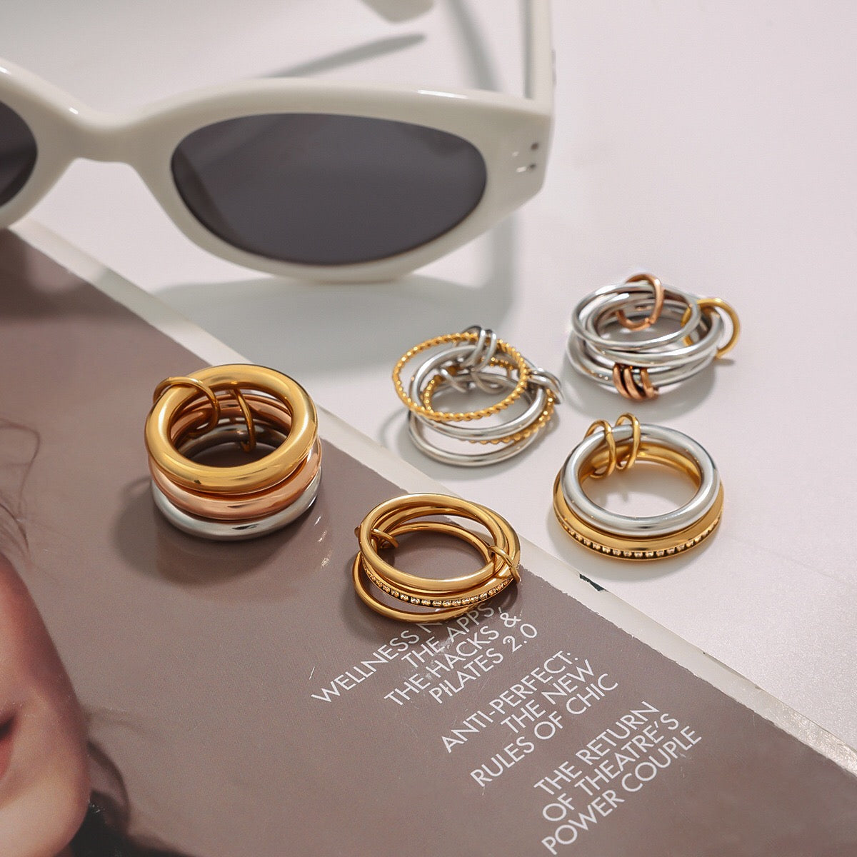 18K Gold and Silver Two Tone Pave Multi Layers Spinelli Stacking Rings
