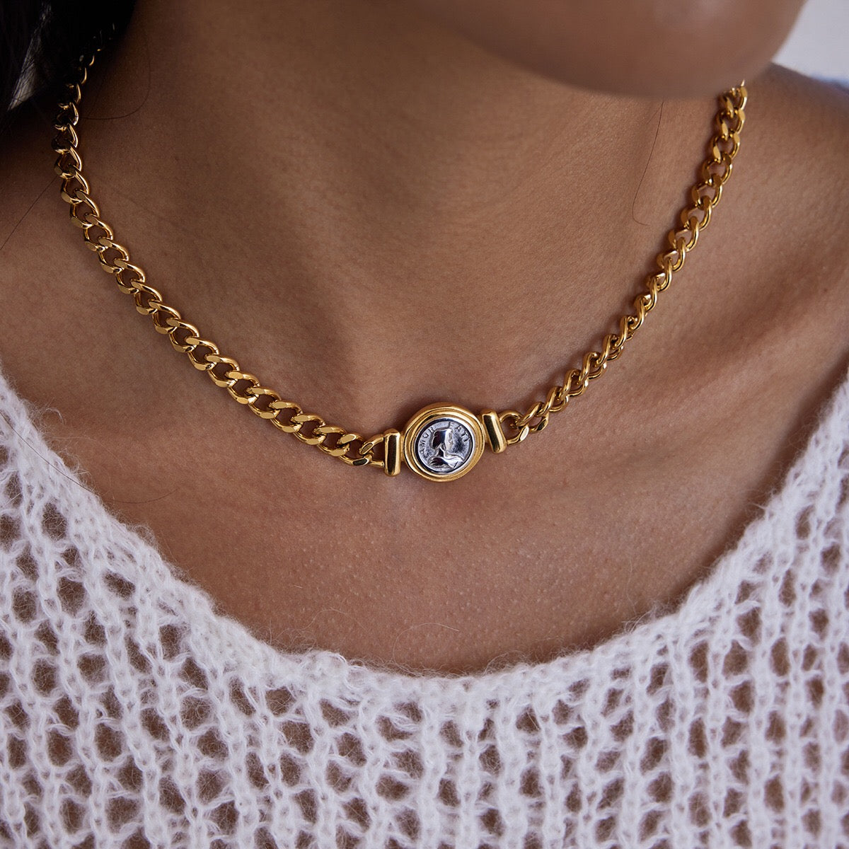 18K Gold and Silver Two Tone Coin Curb Chain Statement Choker Necklace