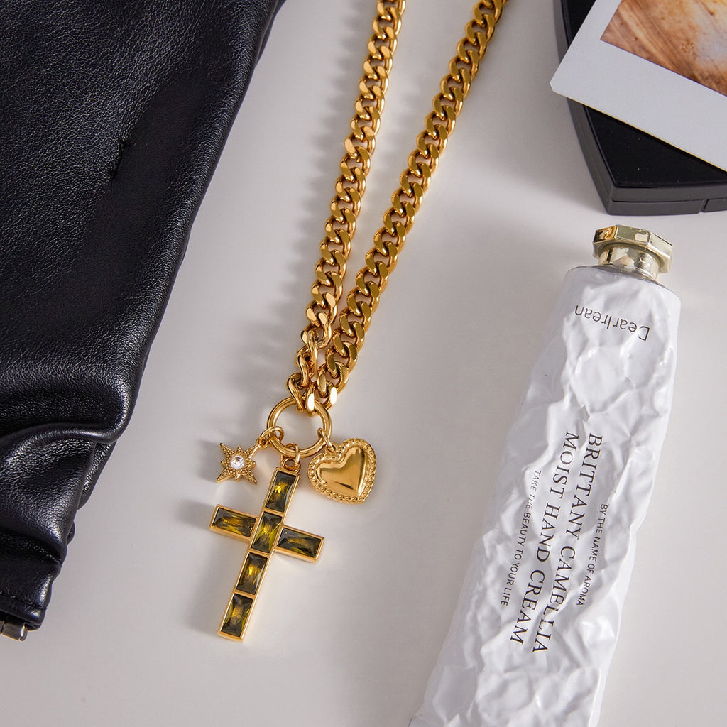18K Gold Faith Divine Cross Heart Starburst Charm Cuban Link Chain Necklace
