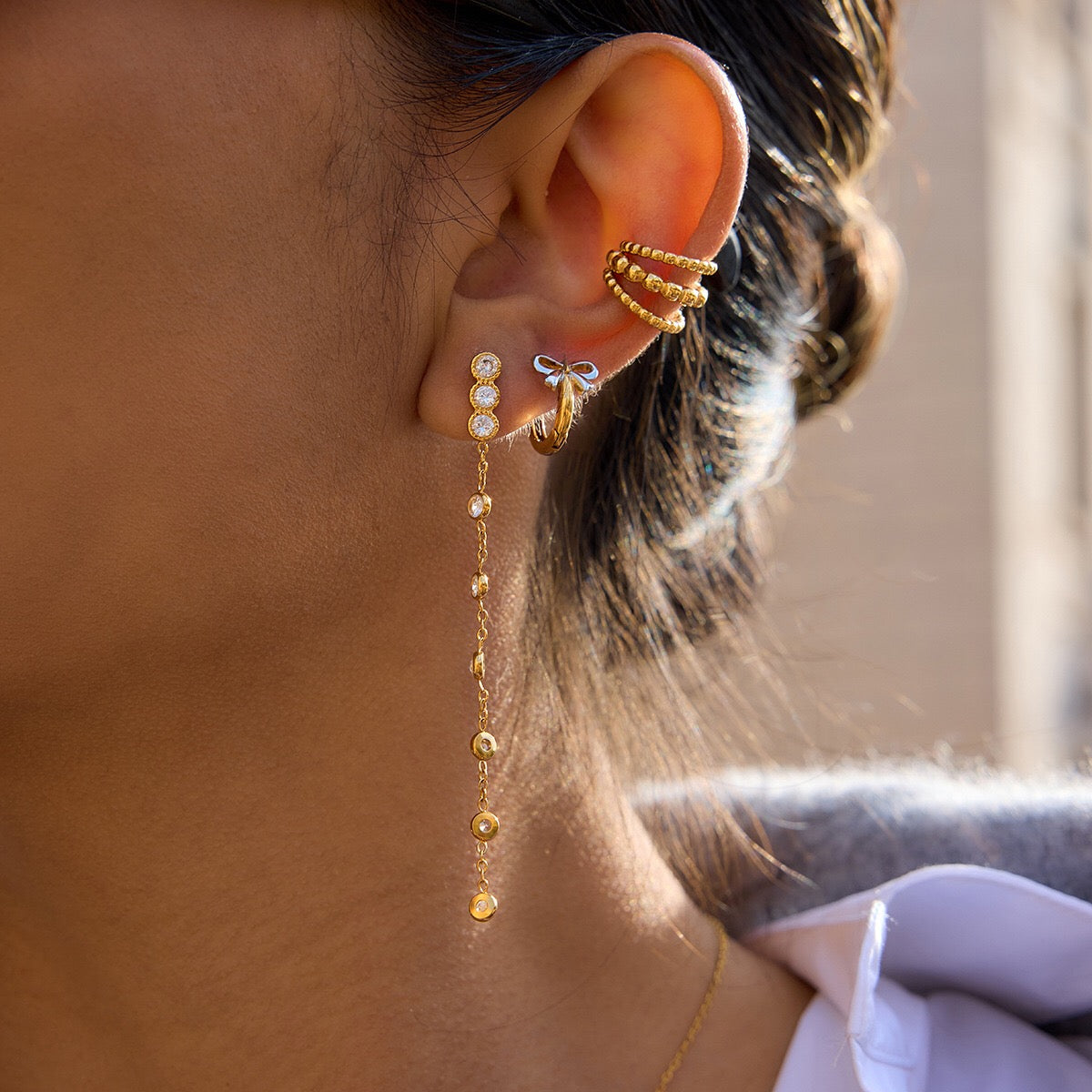 18K Gold and Silver Two Tone Bow Small Hoop Huggie Earrings