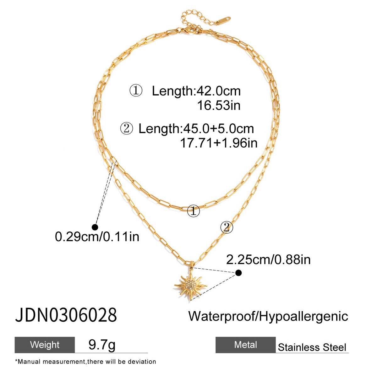 18K Gold Solar Pendant Paper Clip Double Chain Layered Necklace Set