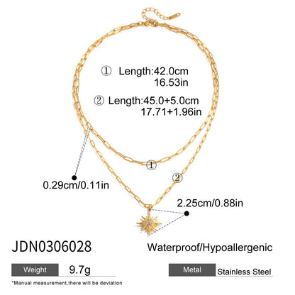 18K Gold Solar Pendant Paper Clip Double Chain Layered Necklace Set