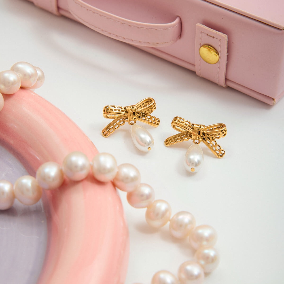 18K Gold Lace Bow Dangle Pearl Cute Stud Earrings