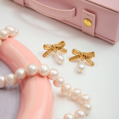 18K Gold Lace Bow Dangle Pearl Cute Stud Earrings