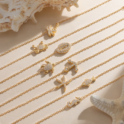 18K Gold Ocean Sparkle Seashell Palm Tree Dainty Pave Pendant Necklace Jewelry Set