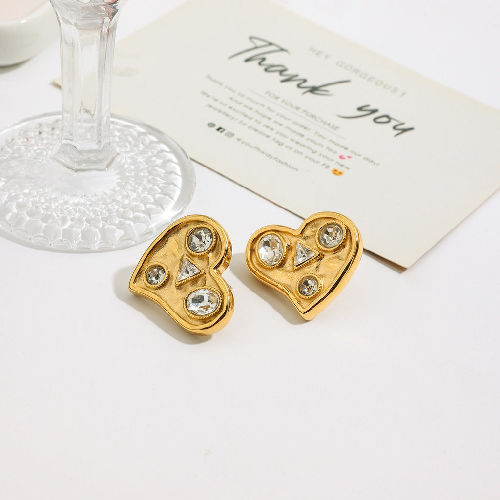 18K Gold Bold Heart CZ Statement Stud Earrings
