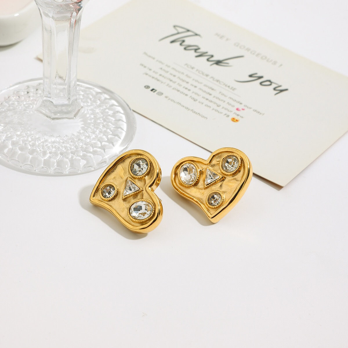 18K Gold Bold Heart CZ Statement Stud Earrings