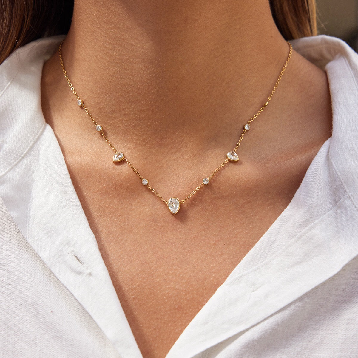 18K Gold Crystal Tear Teardrop Bezel Dainty CZ Necklace