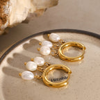 18K Gold Dangle Pearl Huggie Earrings