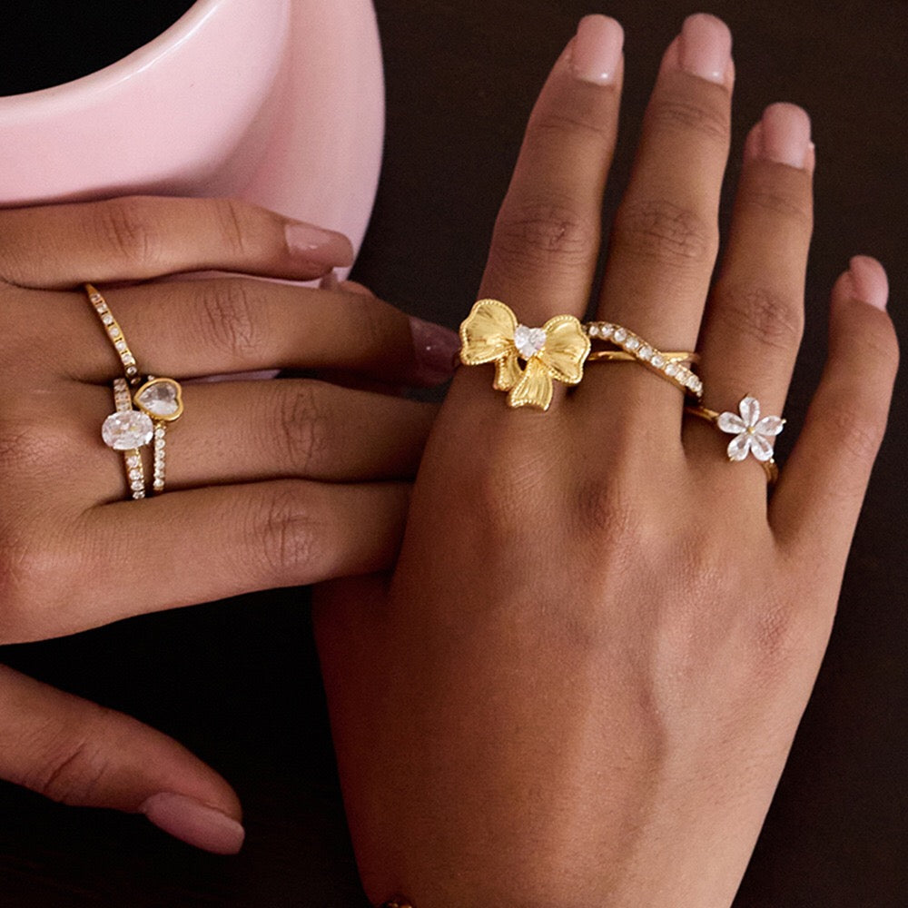 18K Gold Ribboned Elegance Bow Heart Statement Ring