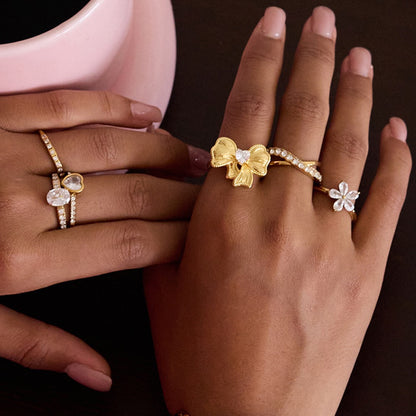 18K Gold Ribboned Elegance Bow Heart Statement Ring