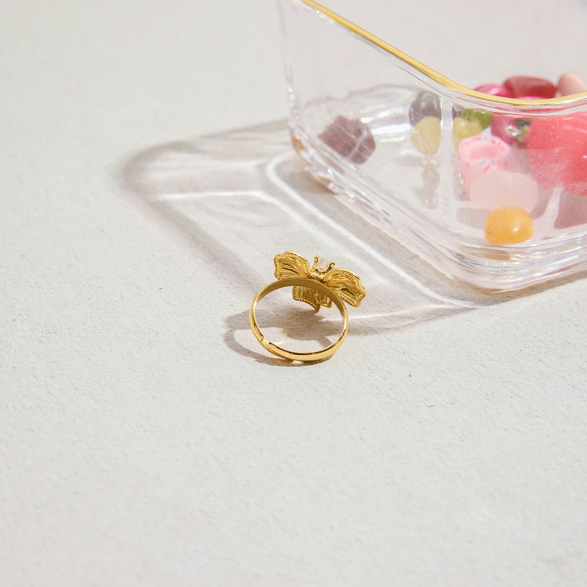 18K Gold Ribboned Elegance Bow Heart Statement Ring