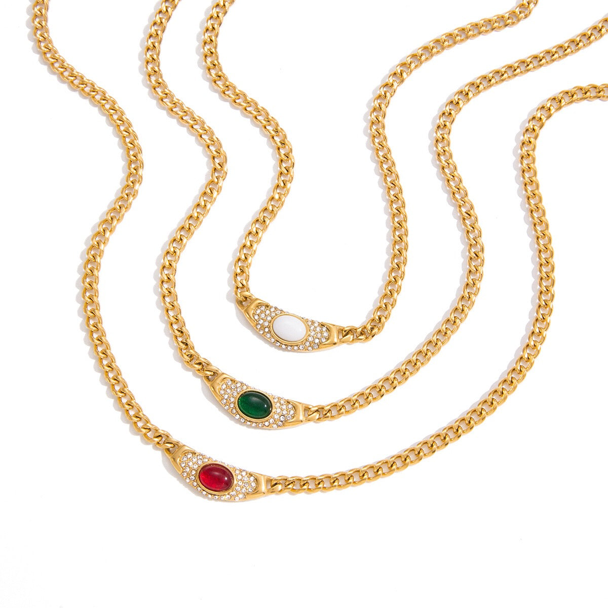 18K Gold Empire Gemstone Cuban Link Chain Statement Necklace