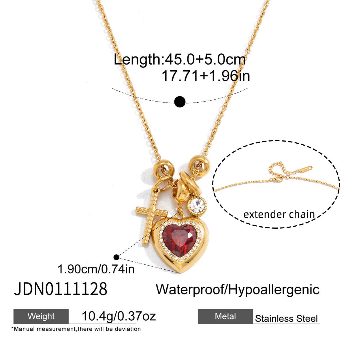 18K Gold Amour Red Heart Pendant Key Cross Charm Necklace