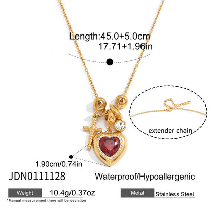 18K Gold Amour Red Heart Pendant Key Cross Charm Necklace