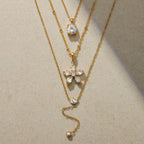 18K Gold Crystal Kiss Flower Pendant Lariat Layered Necklace Set