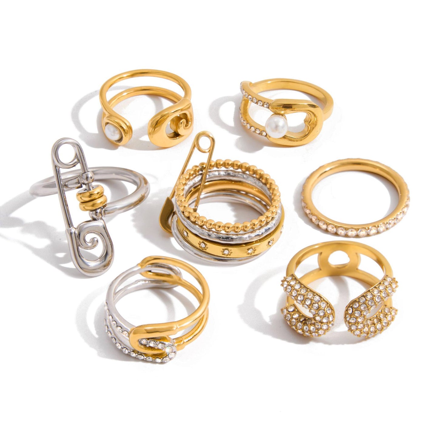 18K Gold Runway Chic Safety Pin CZ Pearl Statement Rings