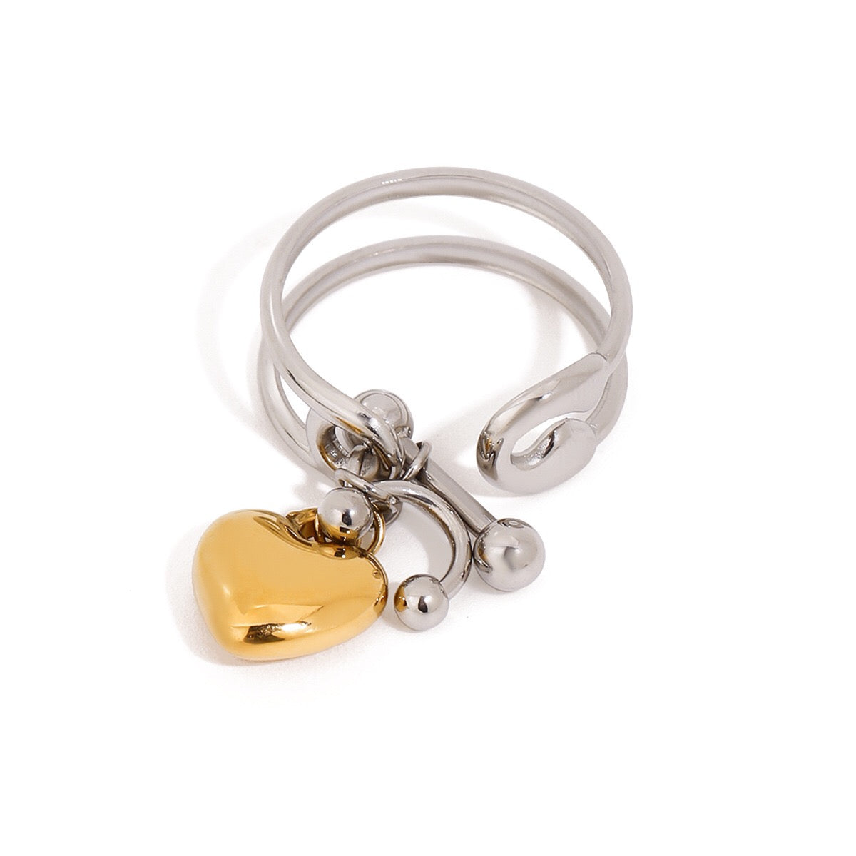 18K Gold and Silver Two Tone Safety Pin Band Heart Charm Ring