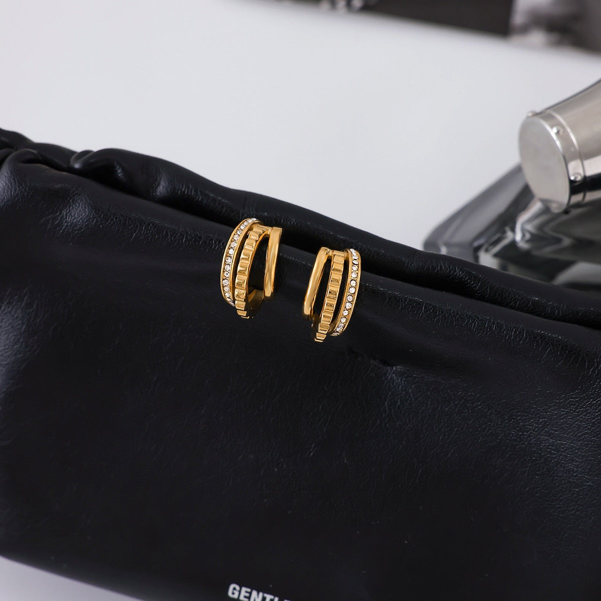 18K Gold Trio Orbit Pave Three Hoops Stud Huggie Earrings