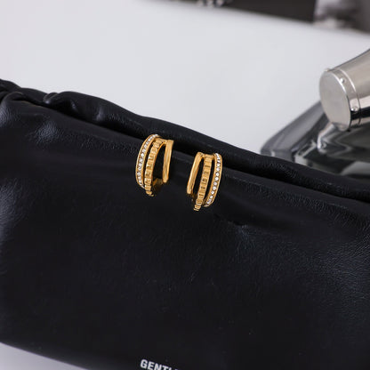 18K Gold Trio Orbit Pave Three Hoops Stud Huggie Earrings