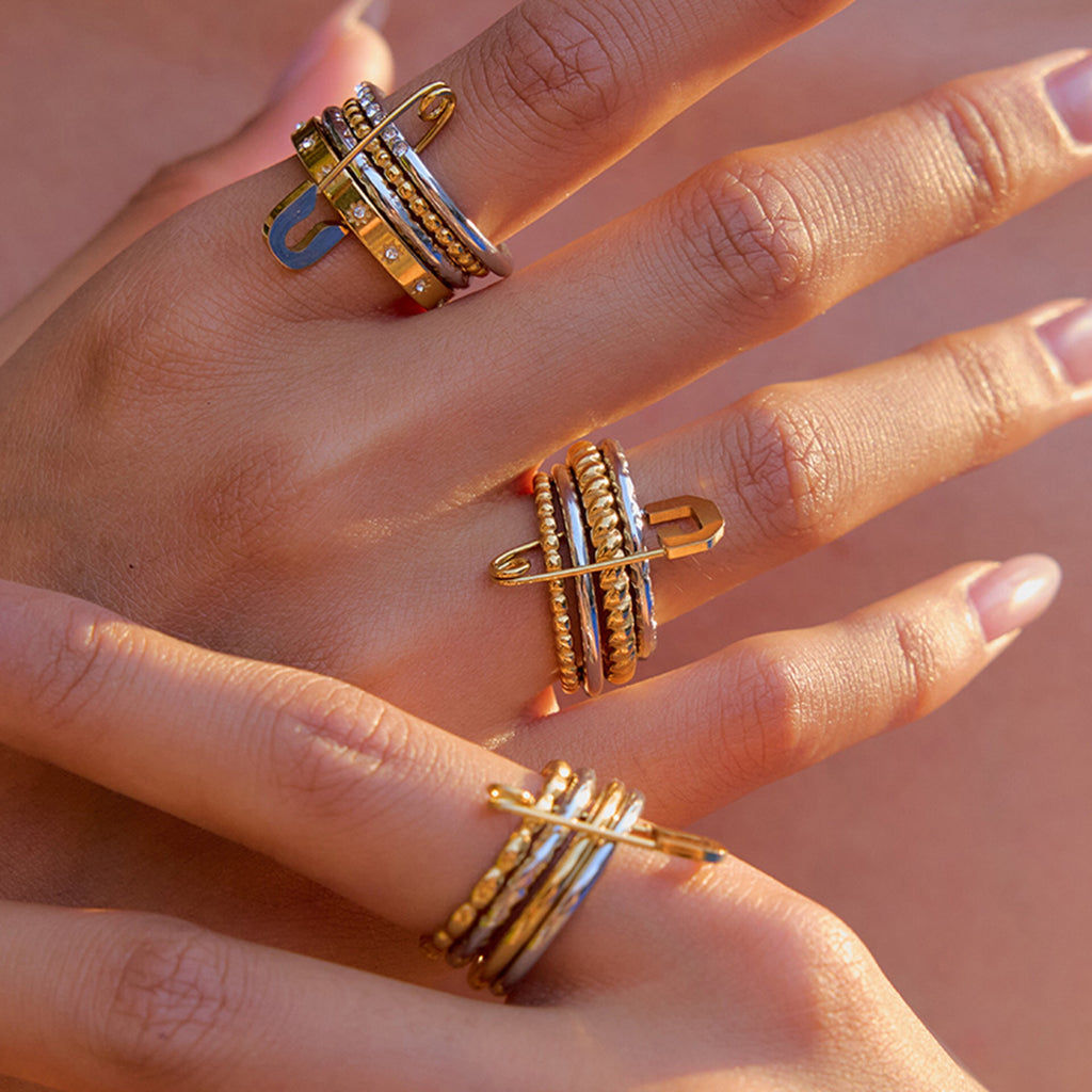 18K Gold and Silver Two Tone Safety Pin Spinelli Connected Multi Layers Stacking Ring
