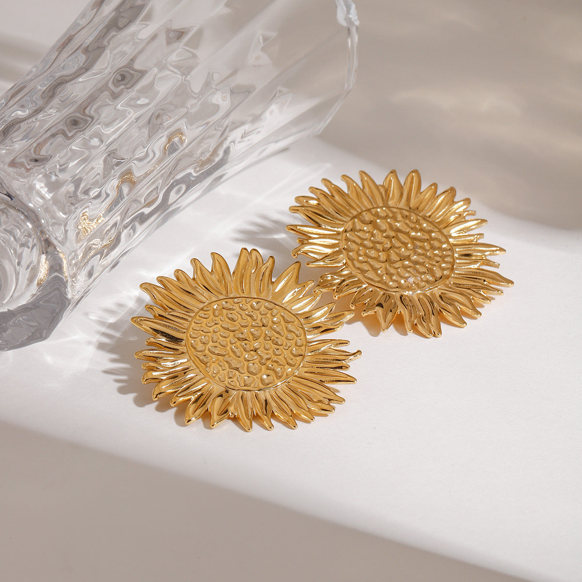 18K Gold Sunflower Statement Stud Earrings
