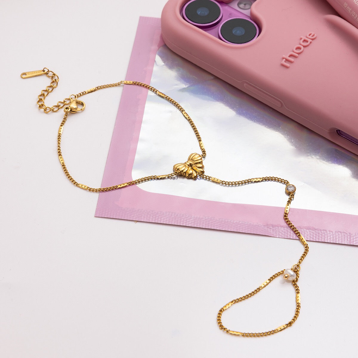 18K Gold Waterproof Dainty Coquette Bow Hand Chain Bracelet