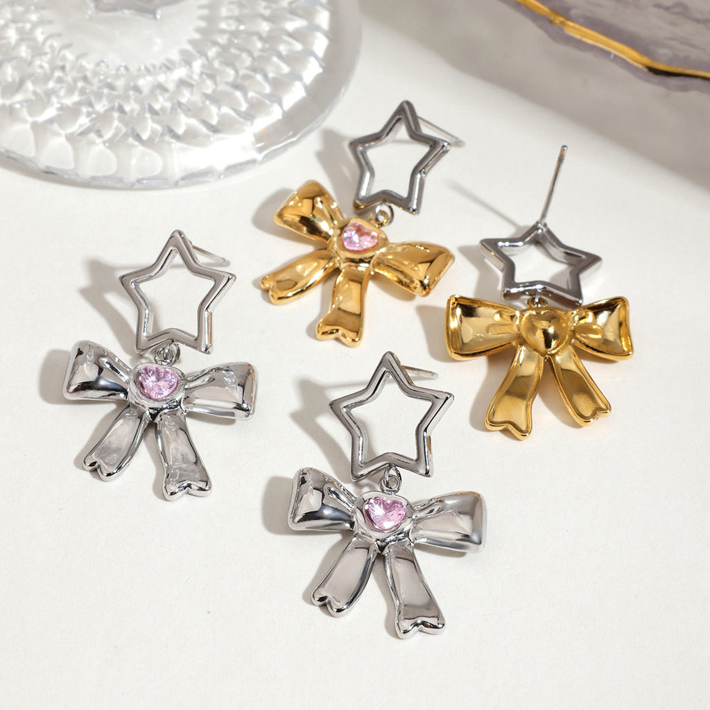 18K Gold Silver Star Pink Jewel Bow Statement Stud Dangle Earrings
