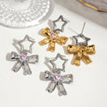 18K Gold Silver Star Pink Jewel Bow Statement Stud Dangle Earrings