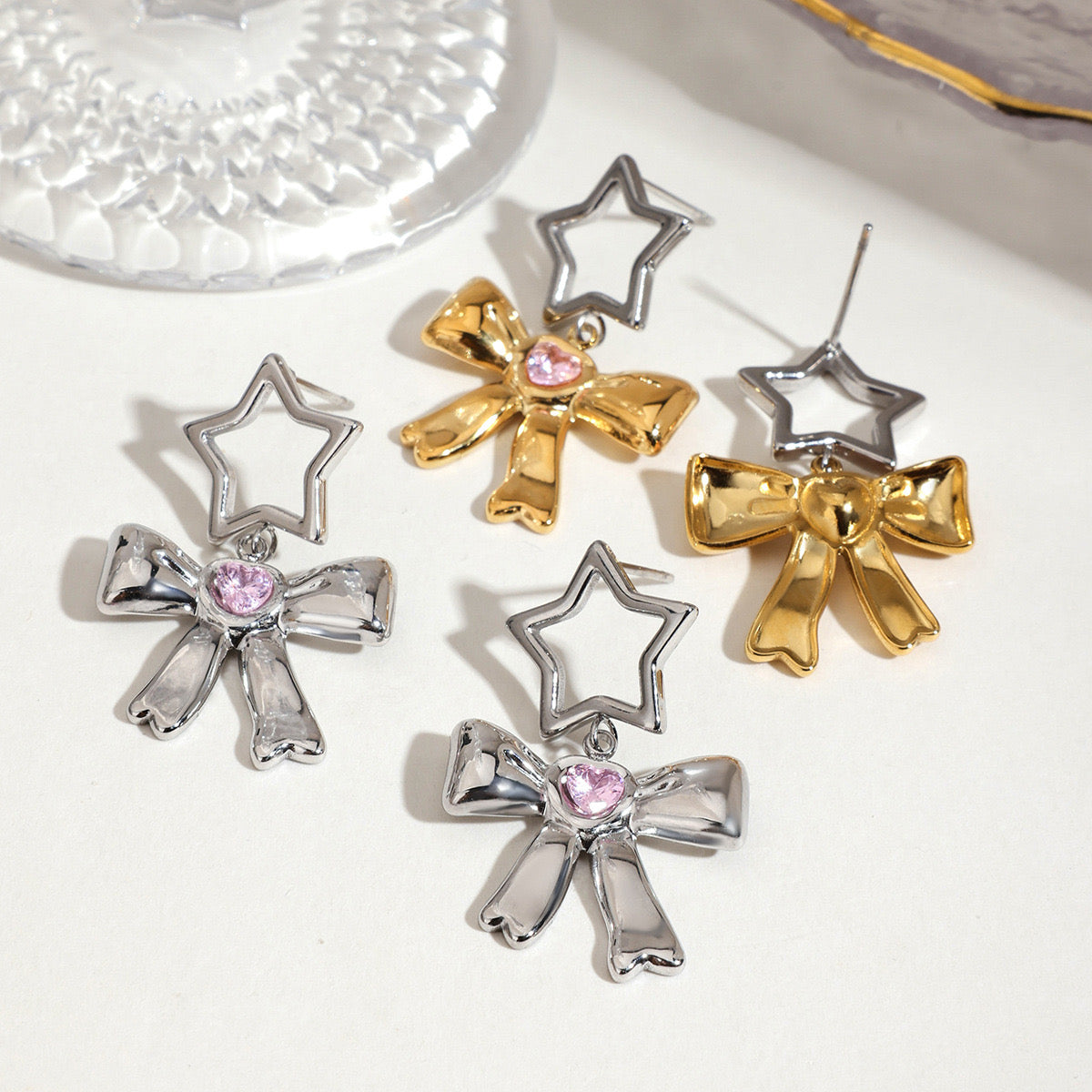 18K Gold Silver Star Pink Jewel Bow Statement Stud Dangle Earrings