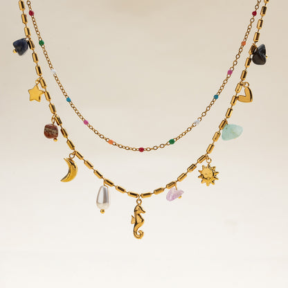 18K Gold Summer Memory Color Charm Double Chain Layered Necklace Set