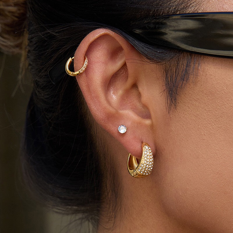 18K Gold Power Shine Pave Dome Small Hoop Huggie Earrings