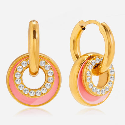 18K Gold Blush Pop Pink Disc Small Hoop Dangle Huggie Earrings