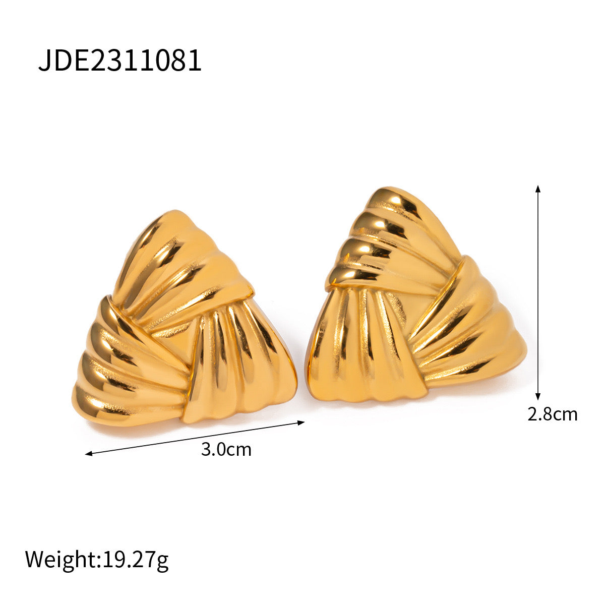 18K Gold Ribbed Triangle Statement Stud Earrings
