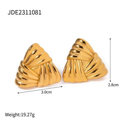 18K Gold Ribbed Triangle Statement Stud Earrings