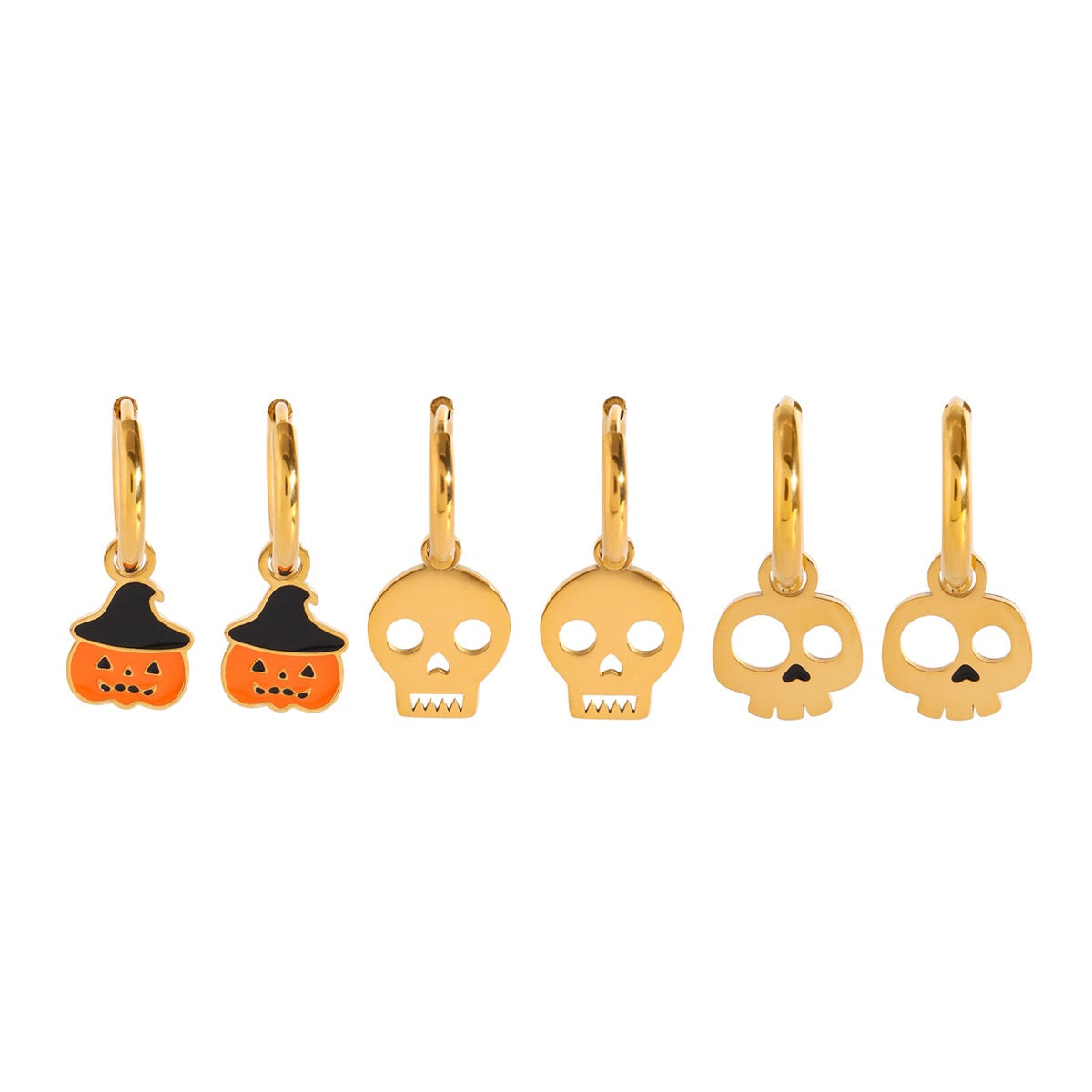 18K Gold Halloween Pumpkin Skull Small Hoop Huggie Earrings with Charm