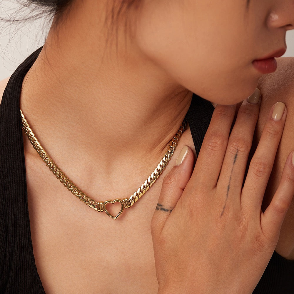14K Gold Cuban Link Heart Necklace