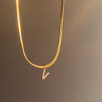 18K Gold Minimalist Glam Herringbone Chain Initial Dainty Necklace