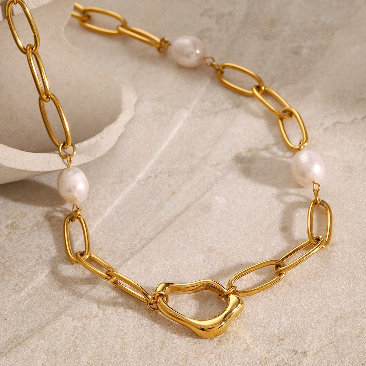 18K Gold Paperclip Chain Pearl Beads Pendant Necklace