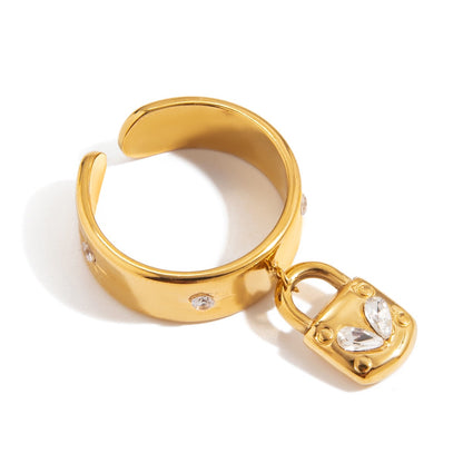18K Gold Heart Locked Charm Statement Band Ring