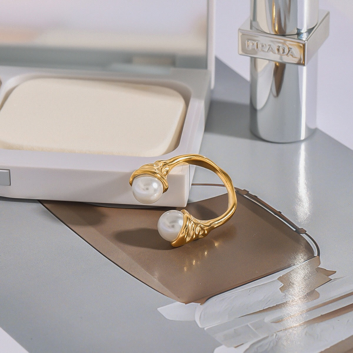 18K Gold Graceful Command Pearl Statement Cuff Ring