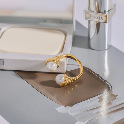 18K Gold Graceful Command Pearl Statement Cuff Ring