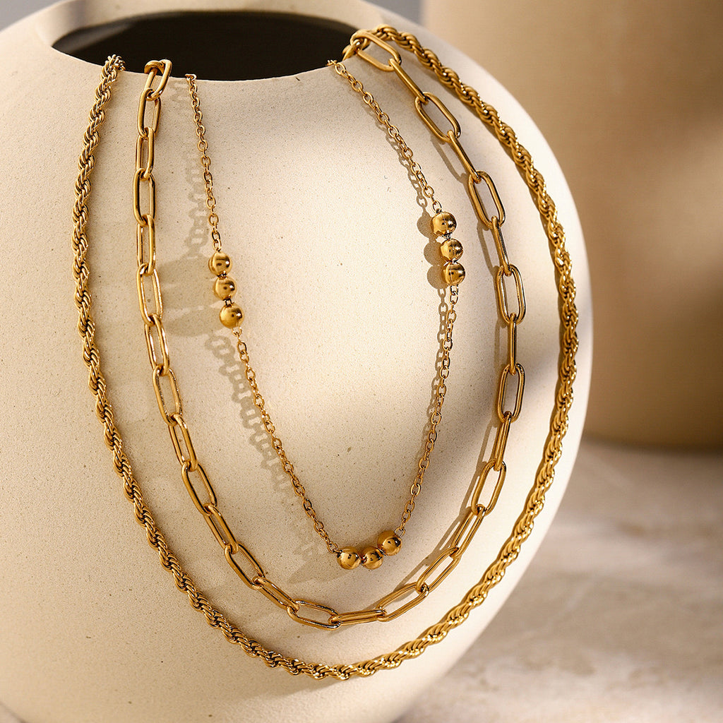 18K Gold Paperclip Rope Chain Beaded Layered Necklace Set