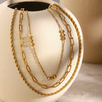 18K Gold Paperclip Rope Chain Beaded Layered Necklace Set