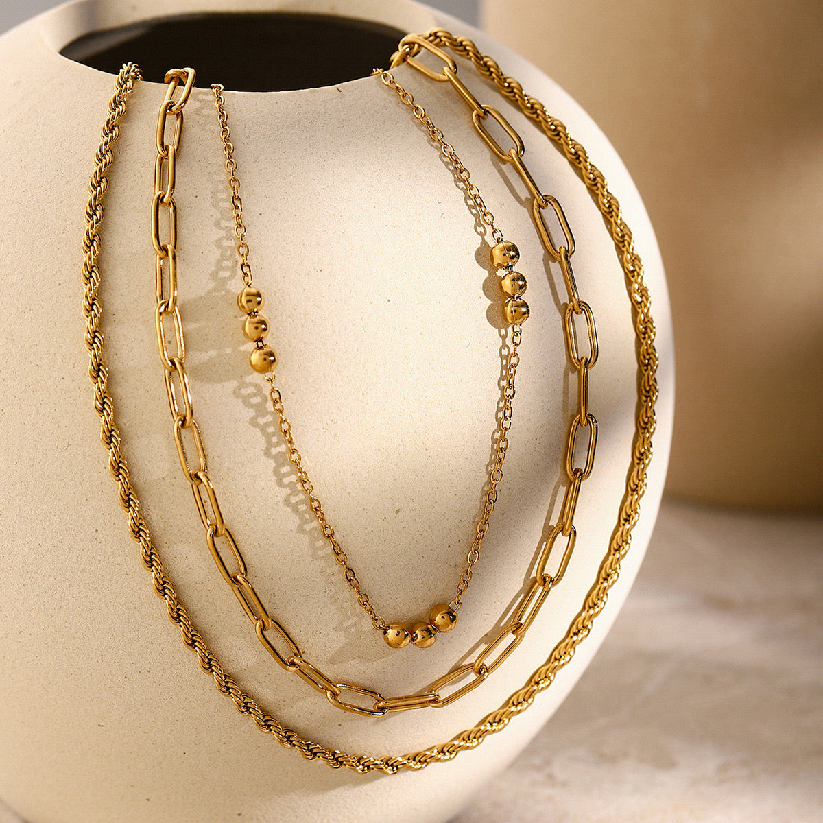 18K Gold Paperclip Rope Chain Beaded Layered Necklace Set