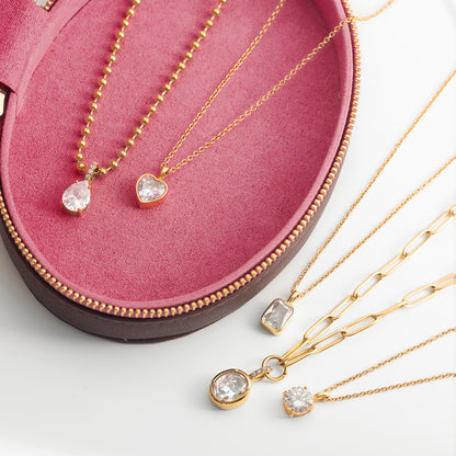 18K Gold Minimal Glow CZ Pendant Paperclip Beaded Chain Layered Necklace Set