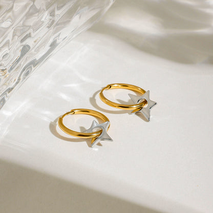 18K Gold and Silver Two Tone Shiny Star Dangle Huggie Earrings
